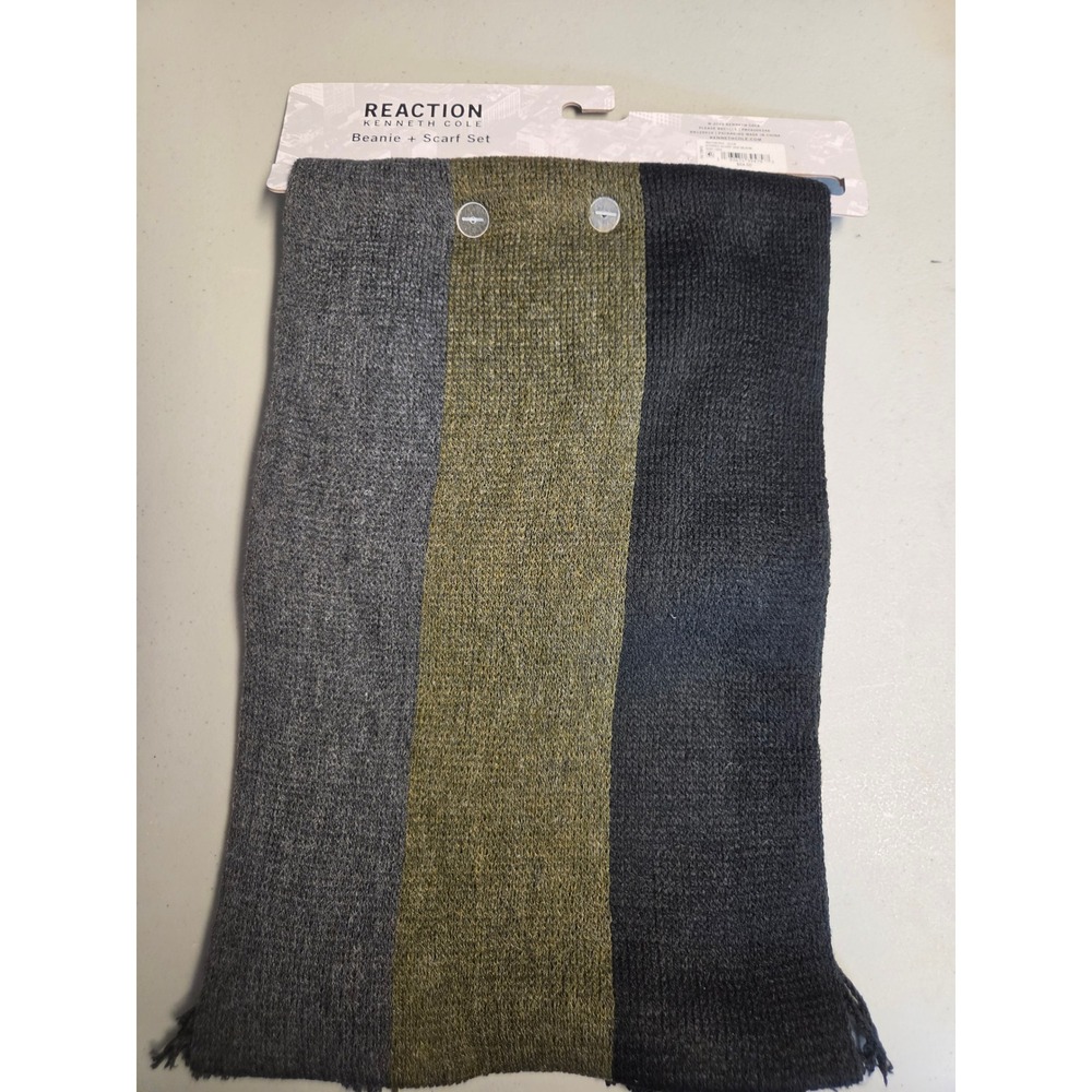 Kenneth Cole Reaction Beanie and Scarf Set Olive Grey Knit Faux Fur Lined NWT
